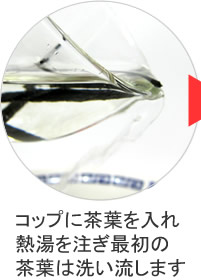 コップに茶葉を入れ熱湯を注ぎ最初の茶葉は洗い流します